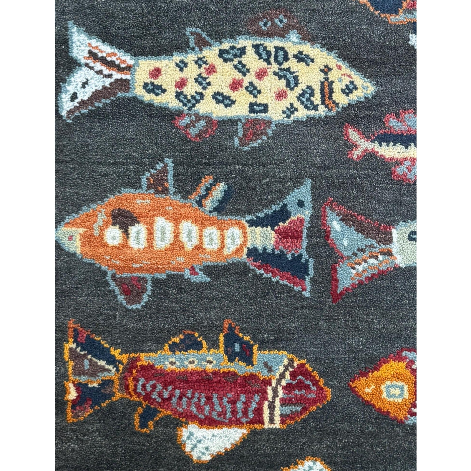Modern Turkish Fish Design Rug 3×5.1, Hand Knotted Wool Sea Animal Pattern, Bohemian Accent