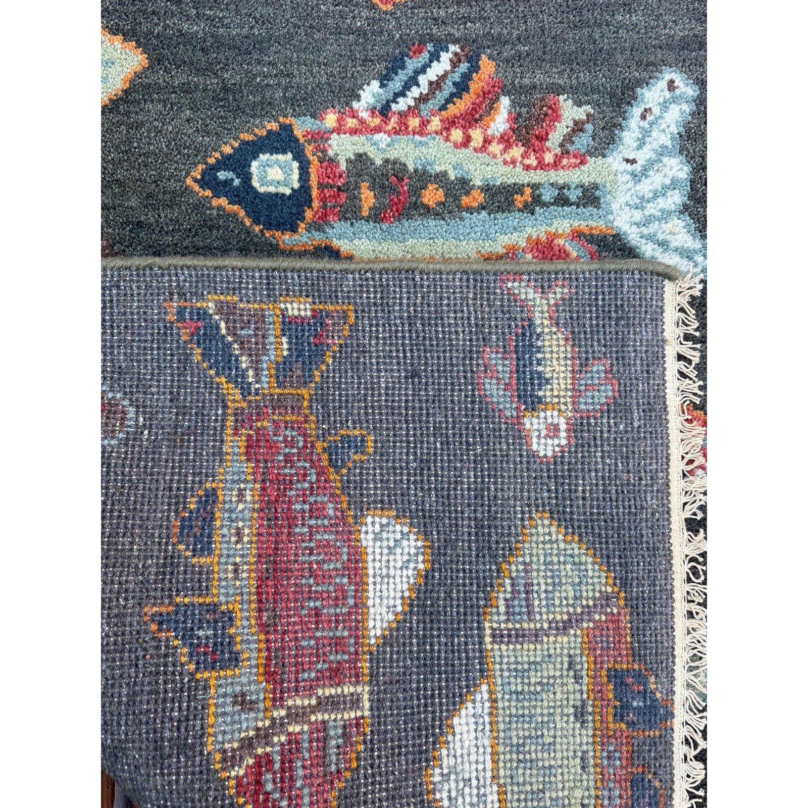 Modern Turkish Fish Design Rug 3×5.1, Hand Knotted Wool Sea Animal Pattern, Bohemian Accent
