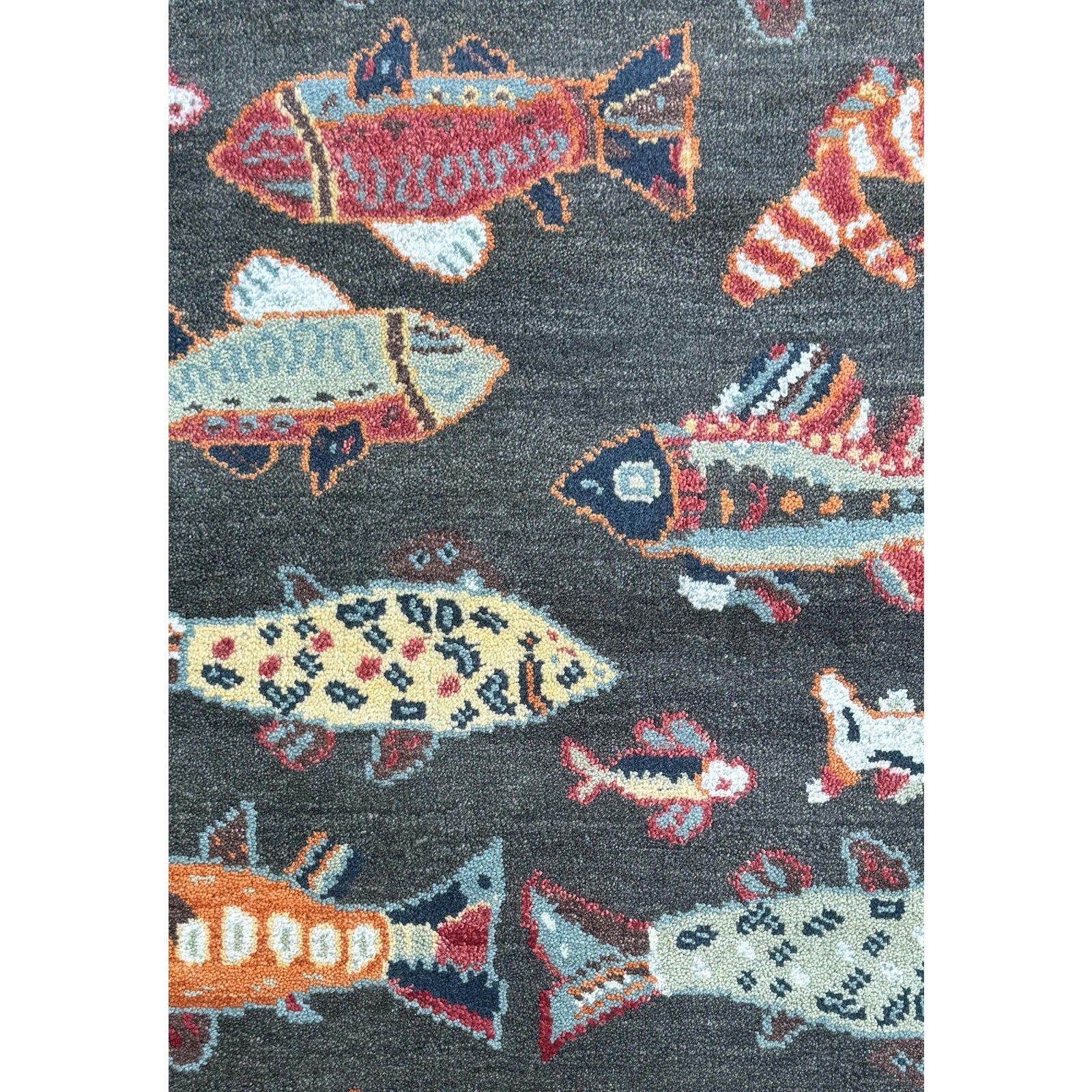 Modern Turkish Fish Design Rug 3×5.1, Hand Knotted Wool Sea Animal Pattern, Bohemian Accent