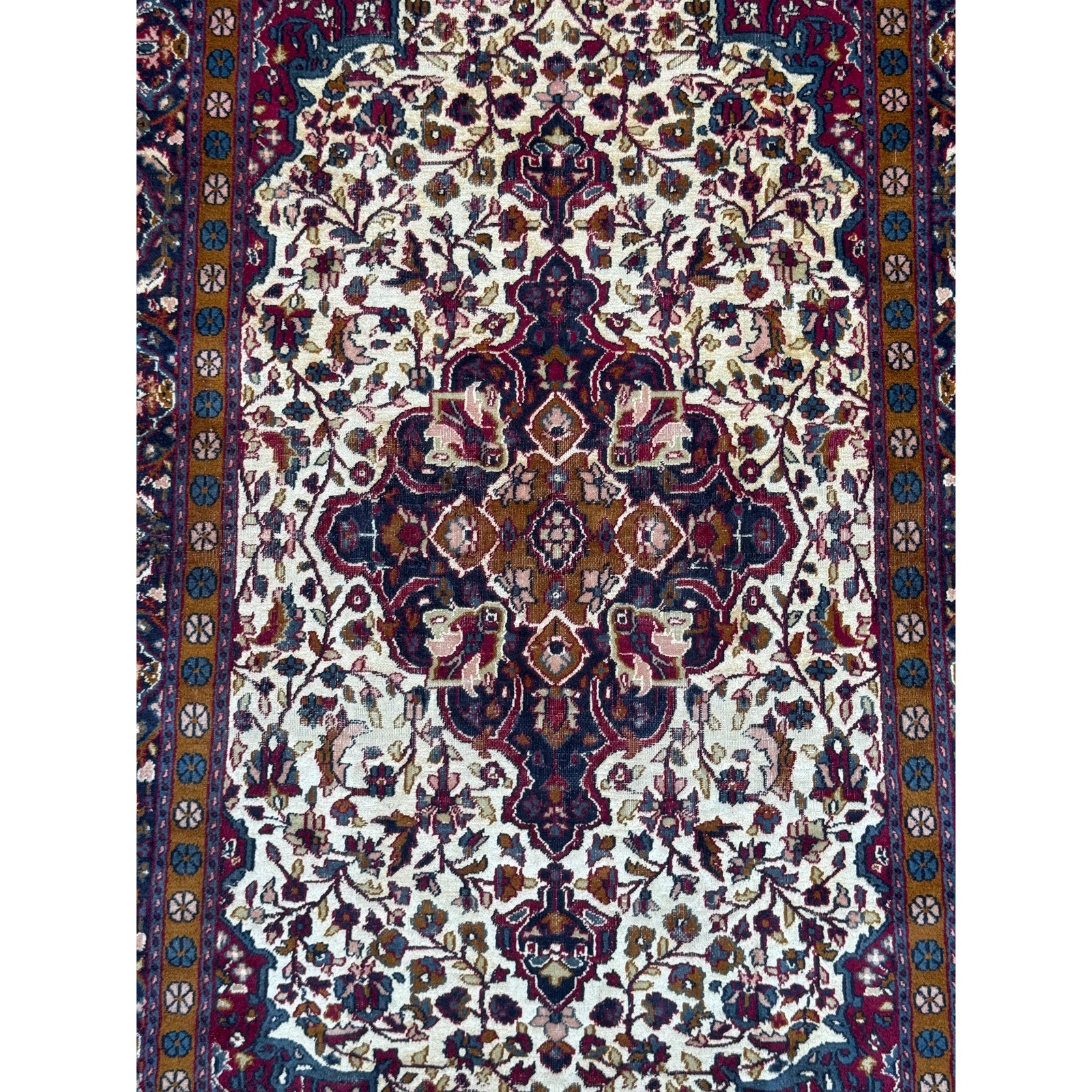 Vintage Turkish Wool Rug 3’2″ x 5′, Hand-Knotted Floral Medallion Carpet, Ivory Navy Burgundy