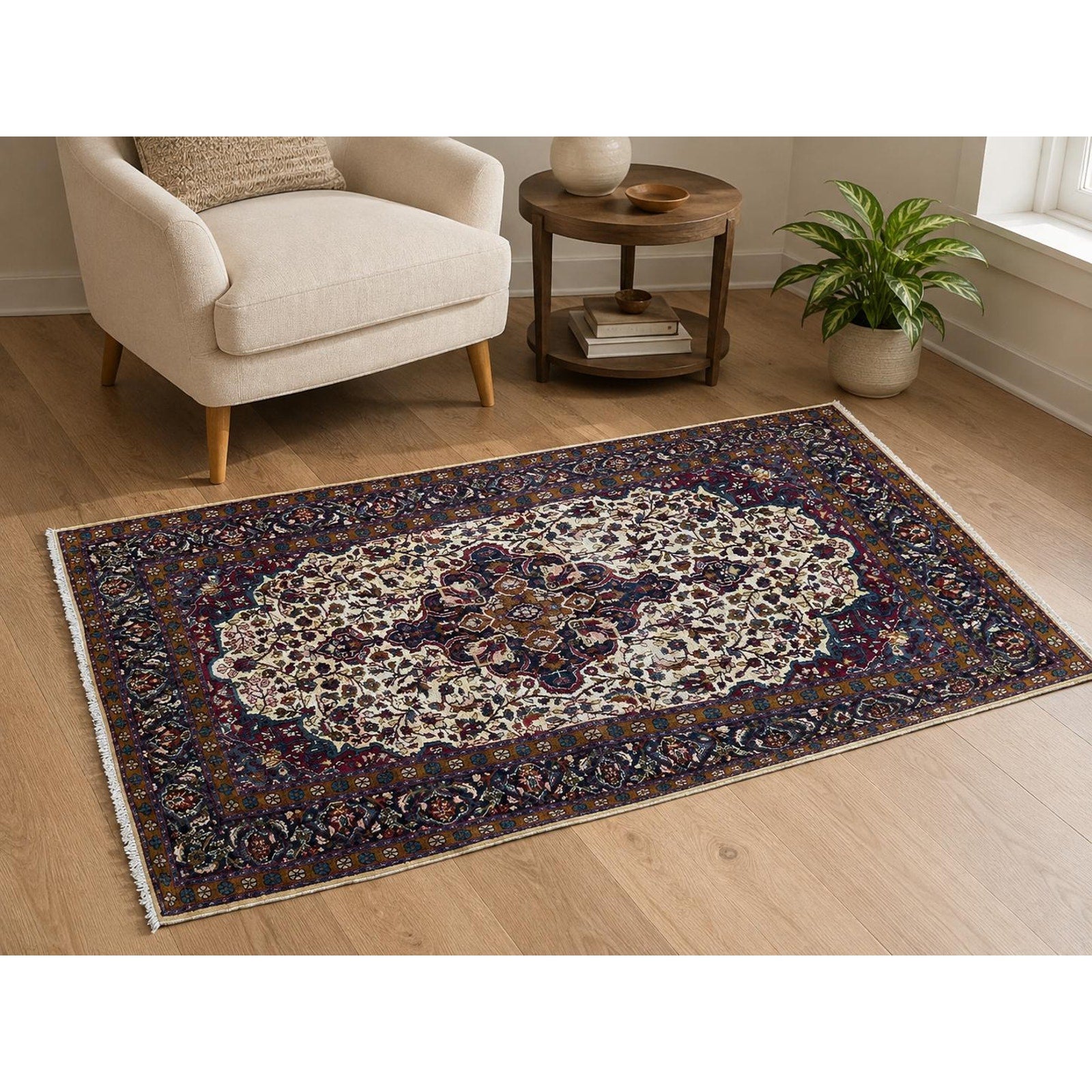 Vintage Turkish Wool Rug 3’2″ x 5′, Hand-Knotted Floral Medallion Carpet, Ivory Navy Burgundy