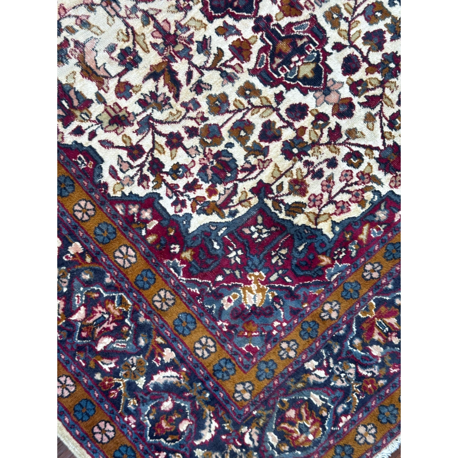 Vintage Turkish Wool Rug 3’2″ x 5′, Hand-Knotted Floral Medallion Carpet, Ivory Navy Burgundy
