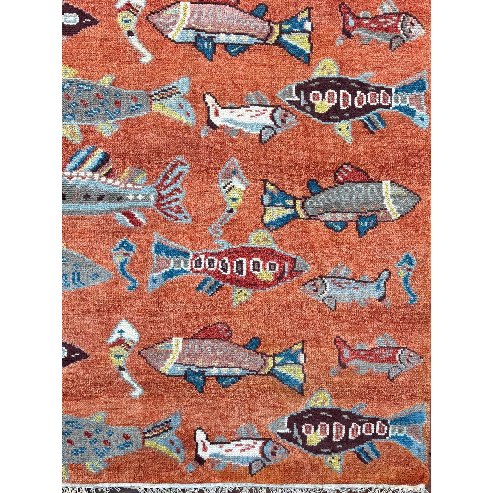 Turkish Oushak Rug 5×8, Hand-Knotted 100% Wool Fish Rug, Tree of Life Bohemian Area Rug, Terracotta Nursery Decor