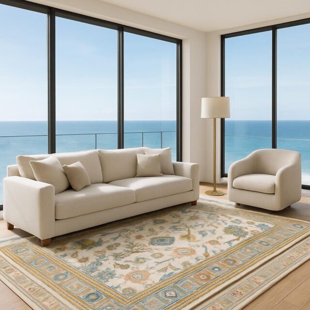 6.2×9.3 ft Oushak Floral Hand Knotted Rug: Wool Area Carpet, Vibrant Transitional Design