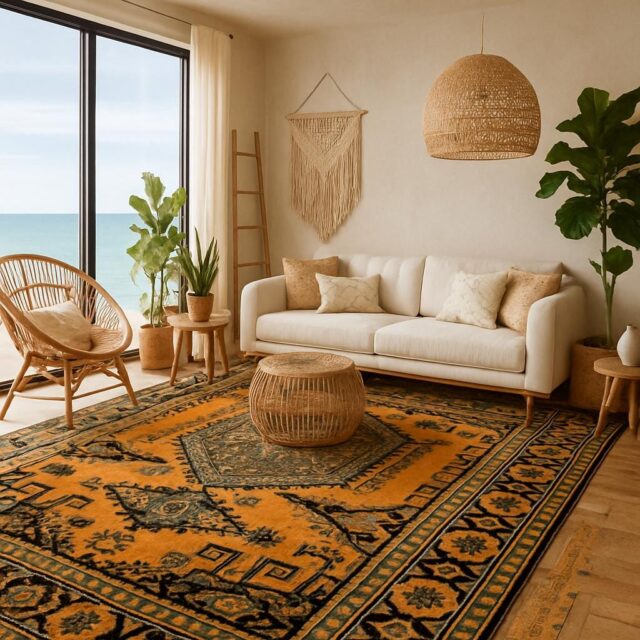9×12 ft Heriz Wool Rug: Hand Knotted Bold Living Room Carpet