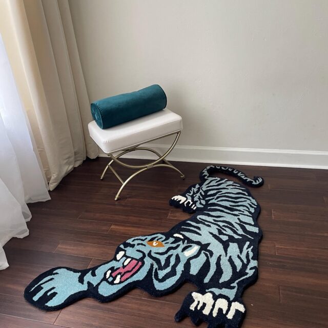 3 x5 ft Handmade Wool Crouching Tiger Rug: Boho Safari Nursery Decor