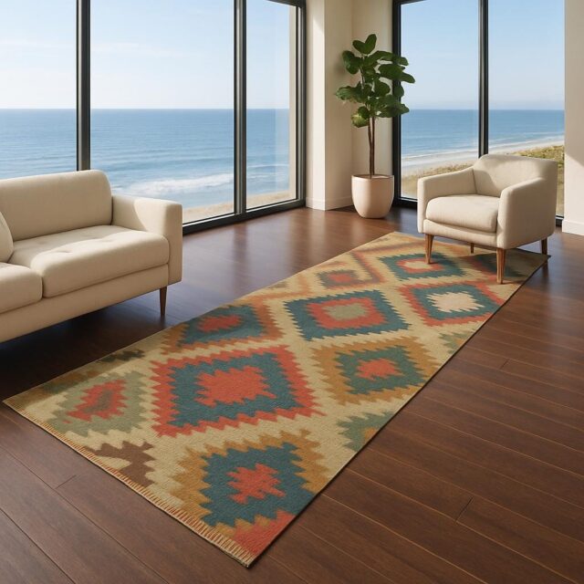 2×10 ft Handwoven Scandinavian Kilim Runner Rug: Wool Anatolian Flatweave