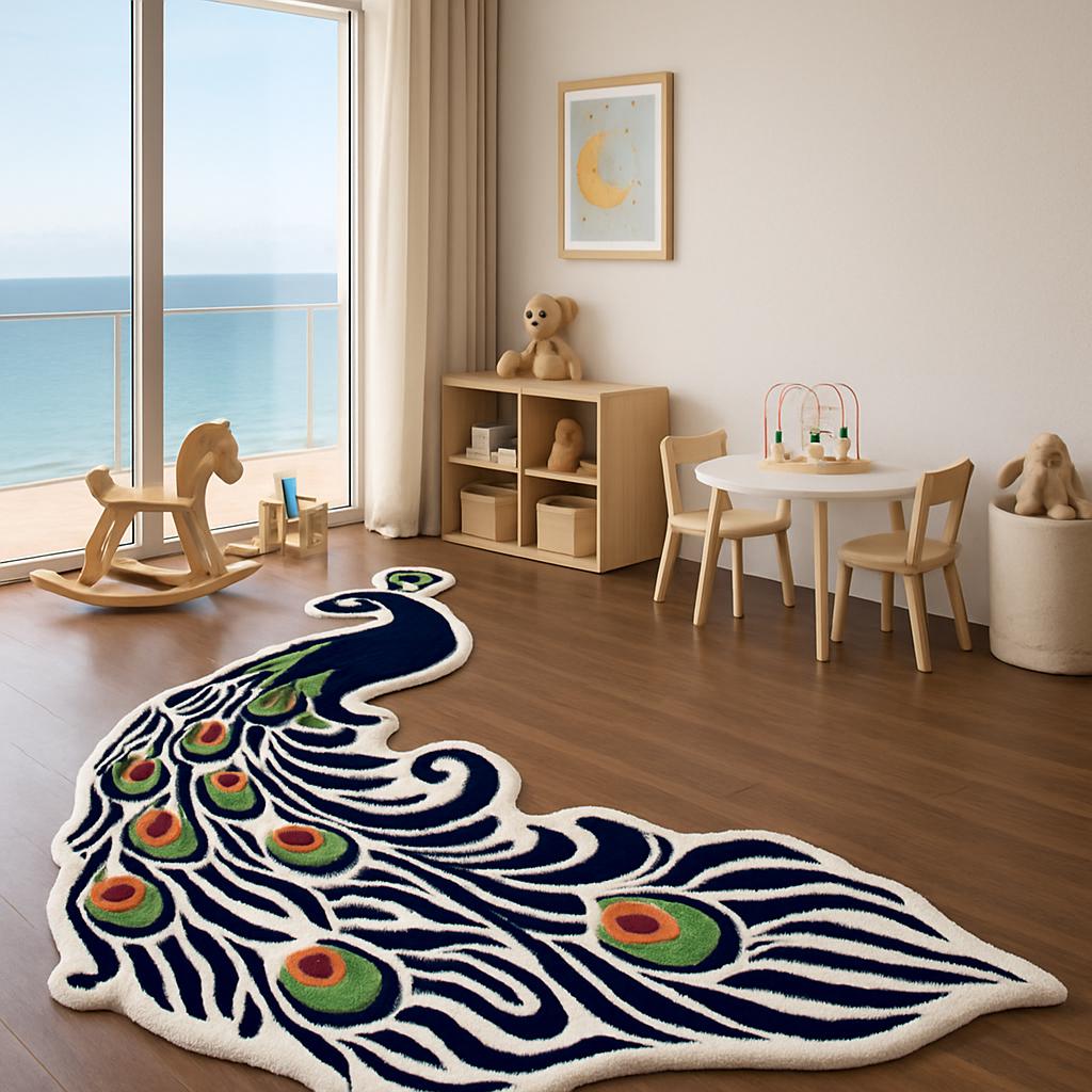 3×5 ft Handmade Wool Peacock Rug: Boho Kids Room Decor