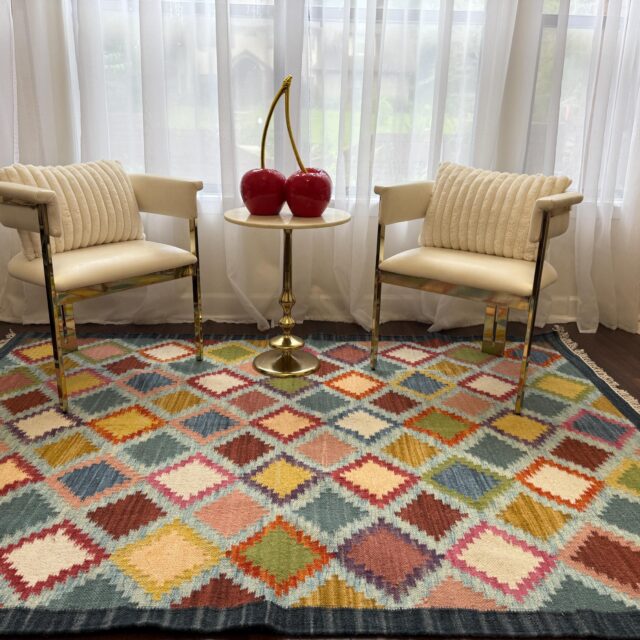 5×8 ft Handwoven Kilim Rug: Scandinavian Geometric Wool Flatweave