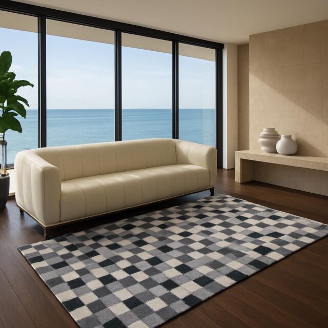 5×7 ft Handwoven Kilim Rug: Modern Geometric Wool Area Carpet