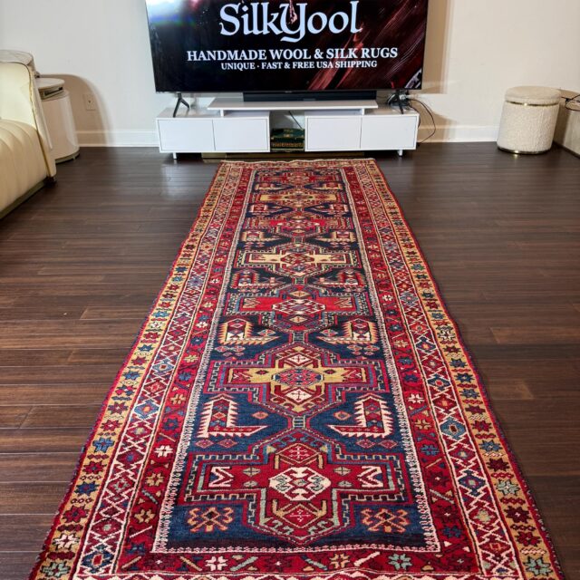 4×11 ft Vintage 1980s Tribal Heriz Runner Rug: Hand Knotted Wool Design