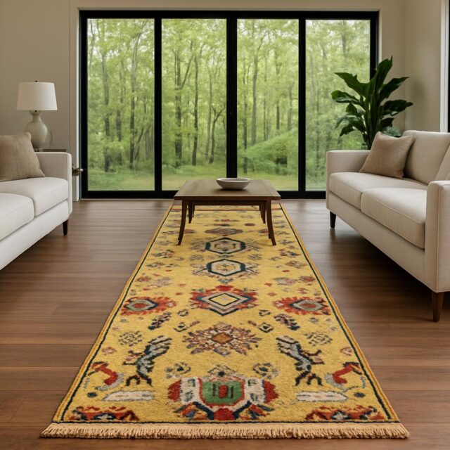 2.6 x 7.10 ft Hand Knotted Oushak Runner Rug: Bohemian Wool Hallway Carpet