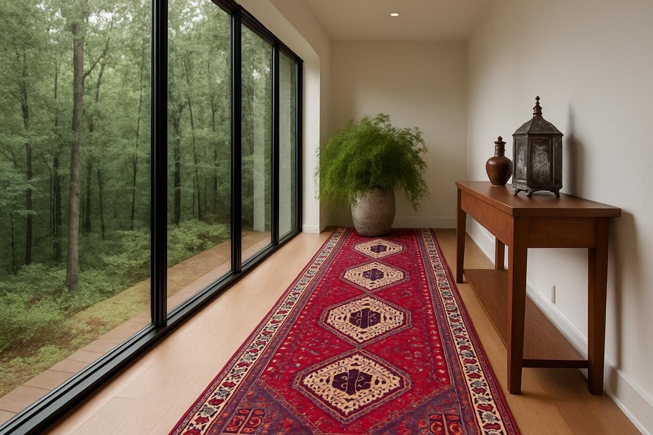 9×3 ft Vintage 1970s Mai Mai Runner Rug: Hand Knotted Wool Tribal Nomadic Desig Carpet