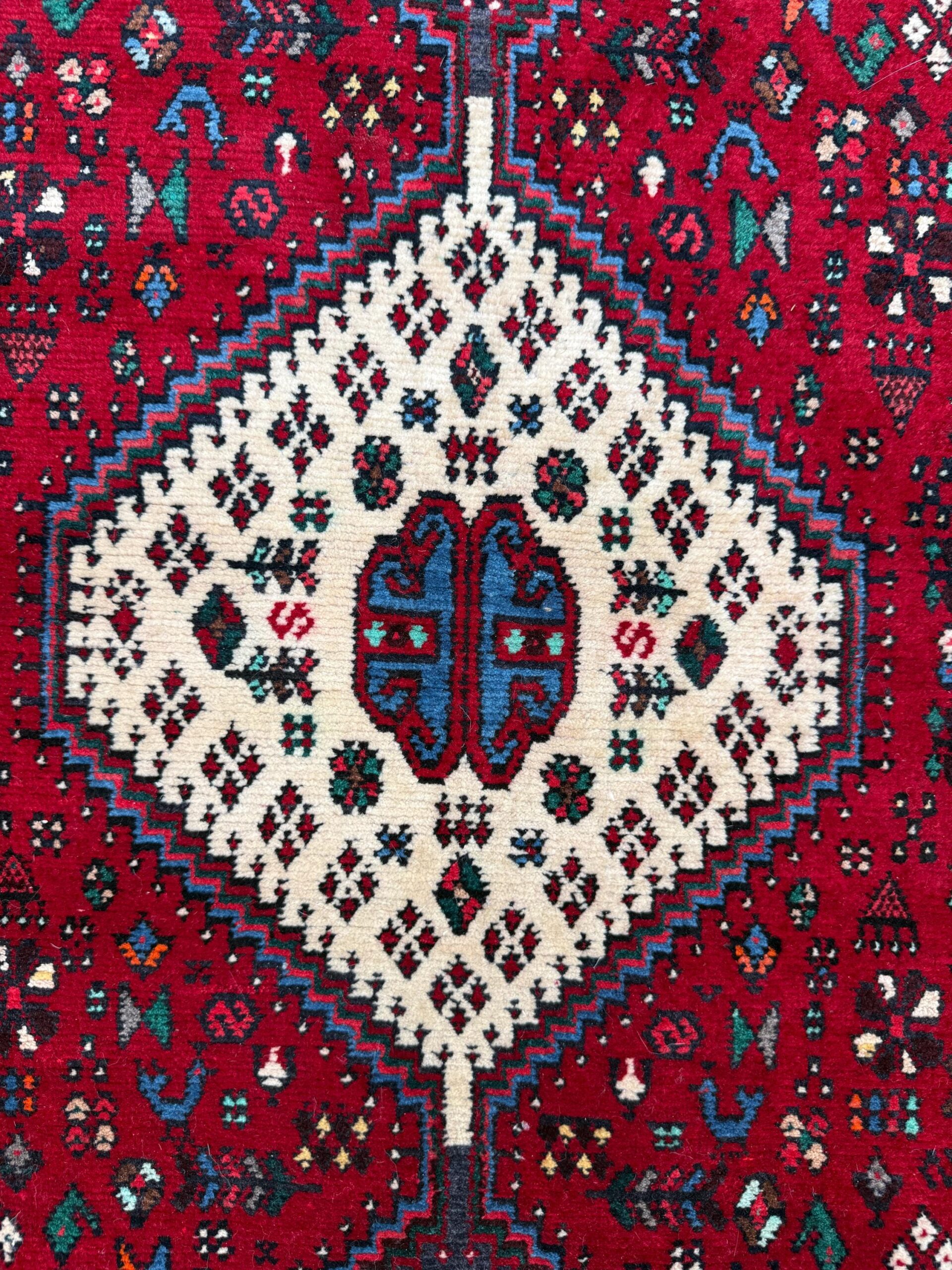 9×3 ft Vintage 1970s Mai Mai Runner Rug: Hand Knotted Wool Tribal Nomadic Desig Carpet