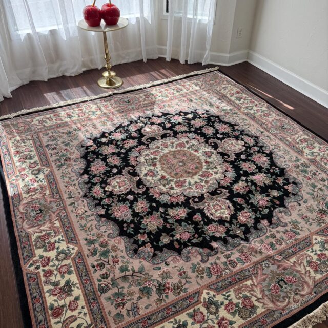 8×8 ft Signed 1970s Hand-Knotted Tabriz Rug: Silk & Wool Vegetable Dye Carpet