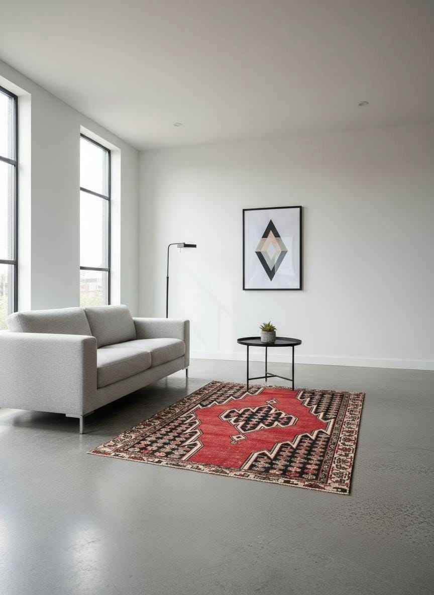 Vintage 1930s Turkish Wool Rug: 3×6 ft Farmhouse Geometric Hand-Knotted Carpet