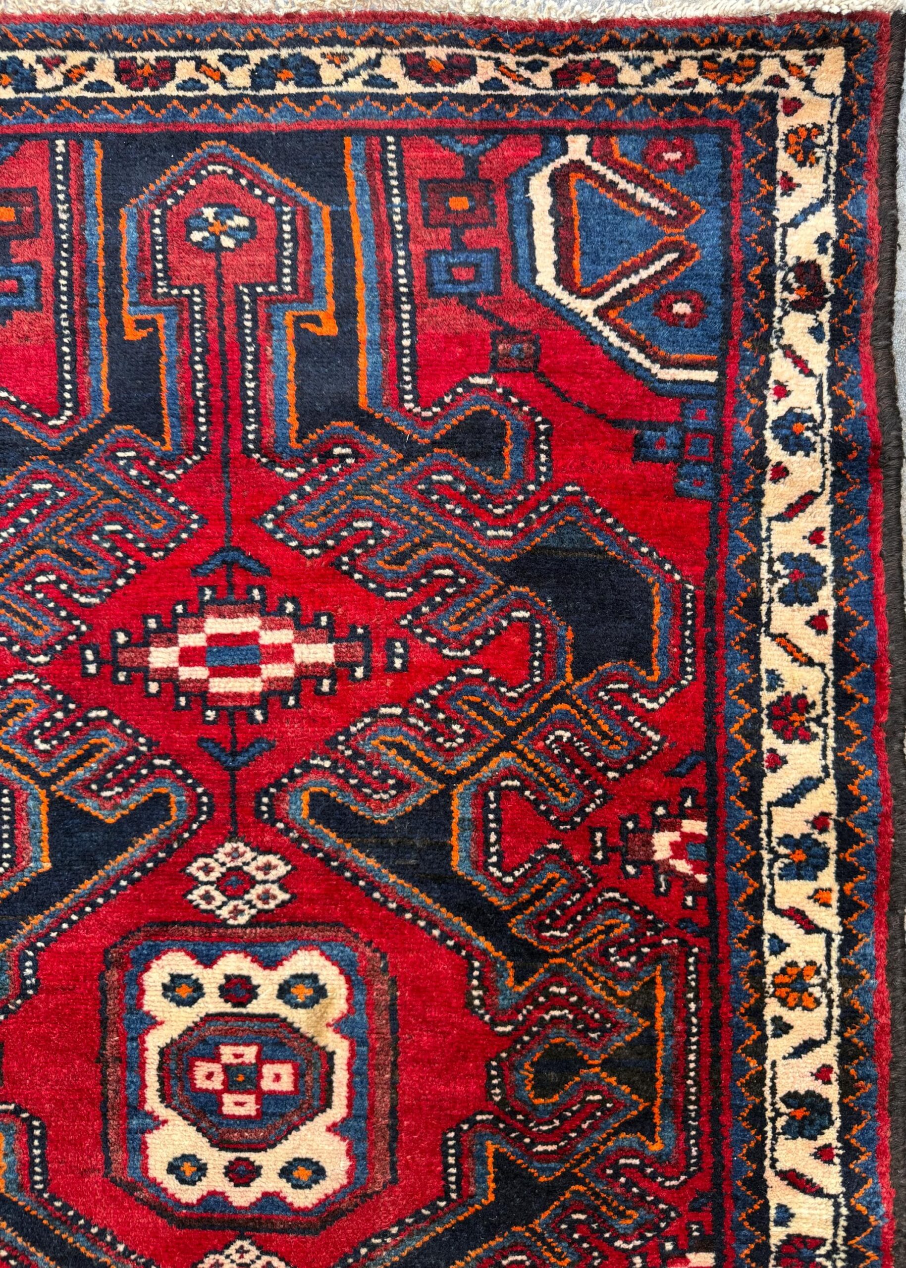 4×3 ft Vintage 1950s Hamadan/Qashqai Wool Rug: Hand Knotted Carpet, Geometric Accent