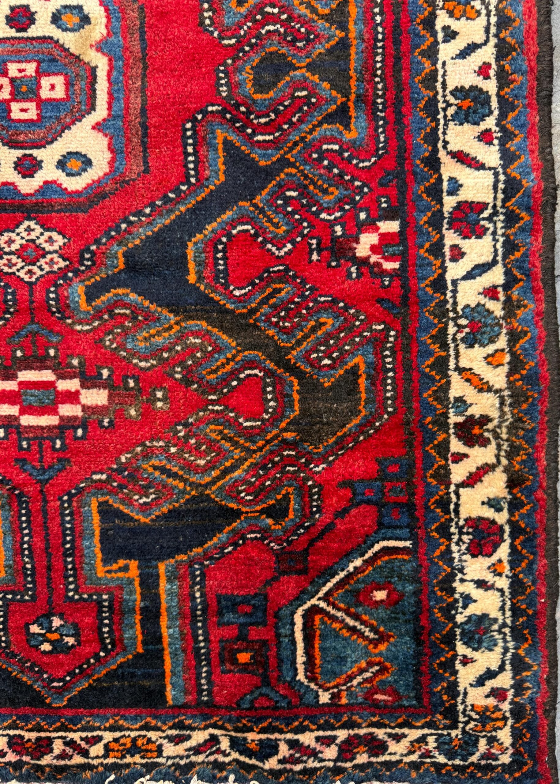 4×3 ft Vintage 1950s Hamadan/Qashqai Wool Rug: Hand Knotted Carpet, Geometric Accent