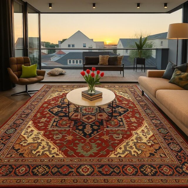 9×12 ft Heriz Rug: Hand-Knotted Wool Carpet, Contemporary Oriental Style
