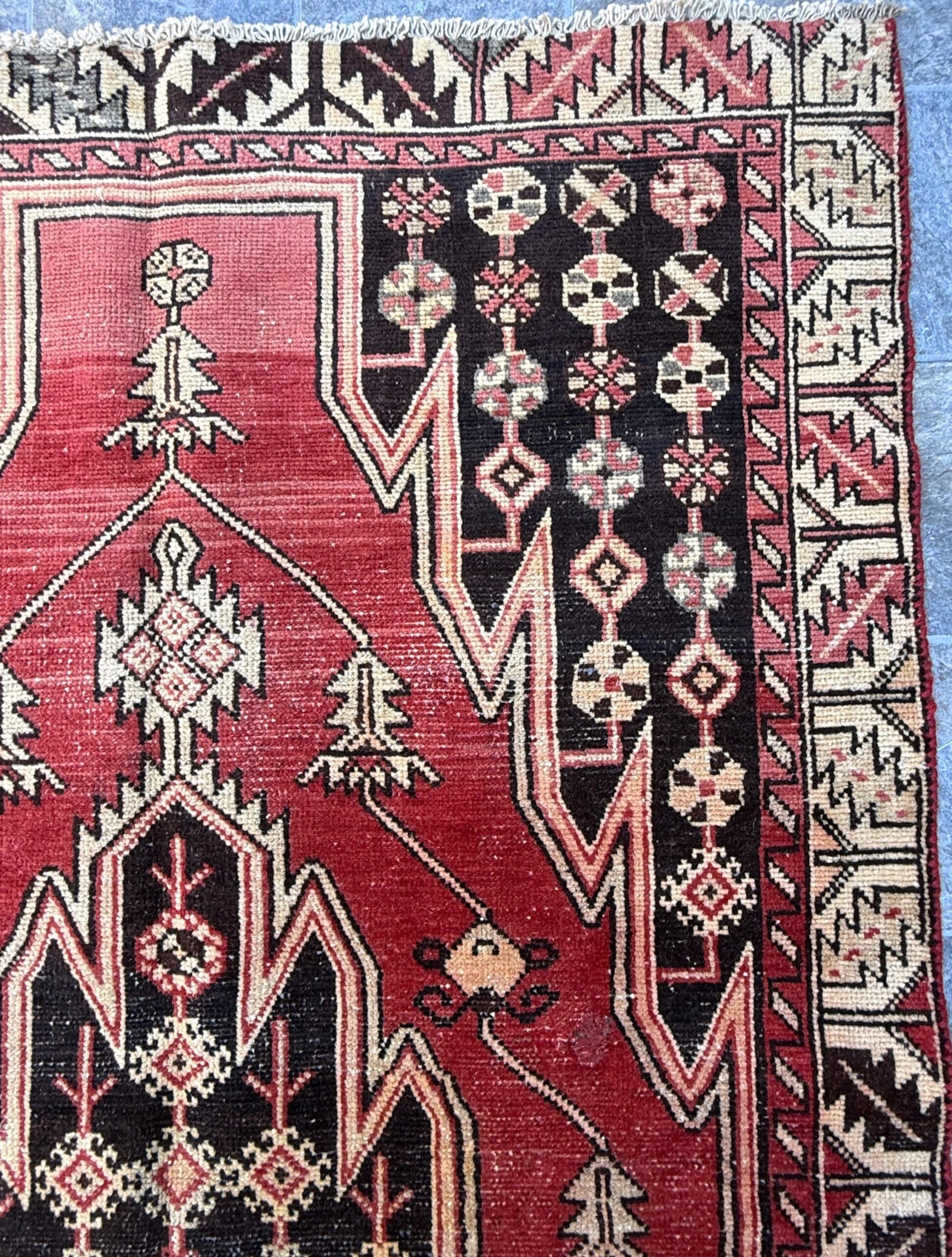 4×6.3 ft. Vintage Turkish Wool Rug: Hand Knotted Anatolian Geometric Carpet 1930s
