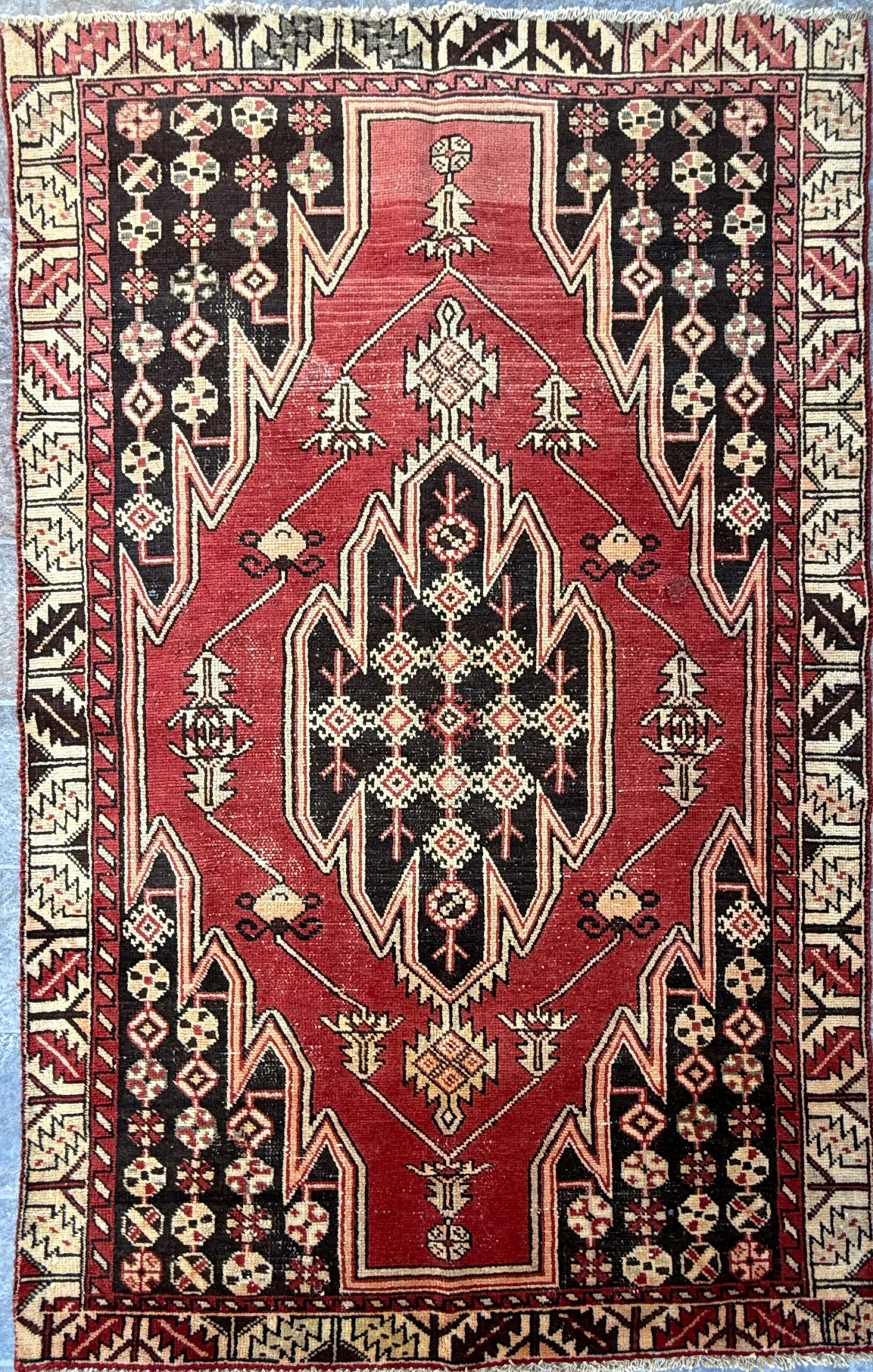 4×6.3 ft. Vintage Turkish Wool Rug: Hand Knotted Anatolian Geometric Carpet 1930s