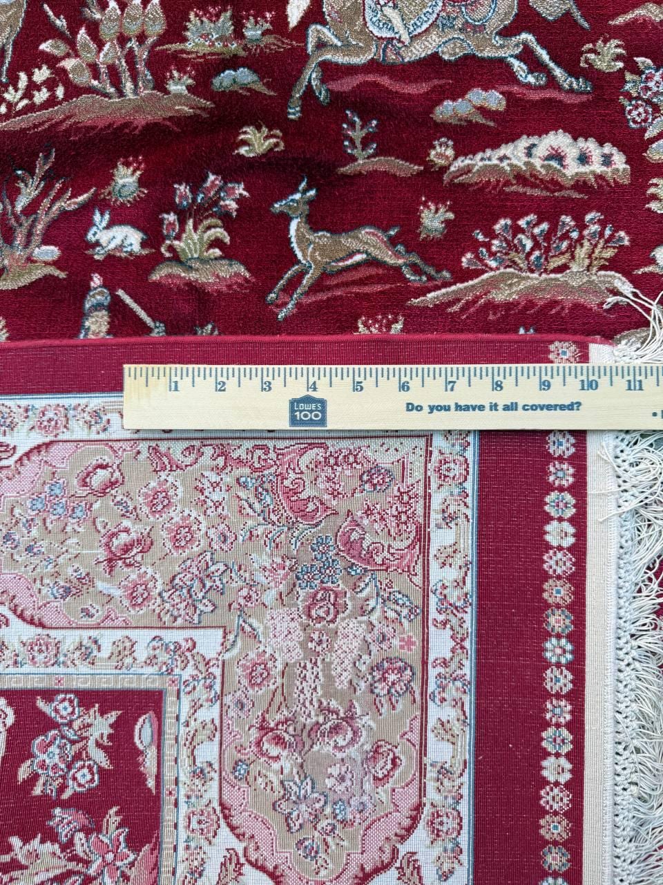 5×3 ft Signed Quomm Silk Rug: Hand Knotted Power Loomed Hunting Scene Carpet