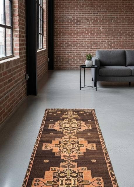2.8×8.7 ft Vintage 1930s Geometric Runner: Hand Knotted Wool Anatolian Oriental Village Carpet