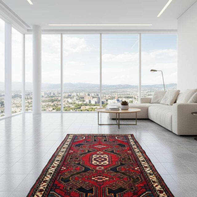 4×3 ft Vintage 1950s Hamadan/Qashqai Wool Rug: Hand Knotted Carpet, Geometric Accent