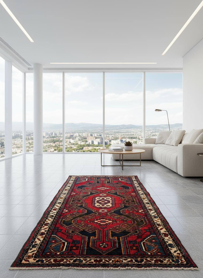 4×3 ft Vintage 1950s Hamadan/Qashqai Wool Rug: Hand Knotted Carpet, Geometric Accent