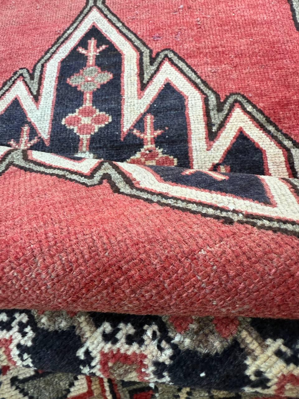 Vintage 1930s Turkish Wool Rug: 3×6 ft Farmhouse Geometric Hand-Knotted Carpet