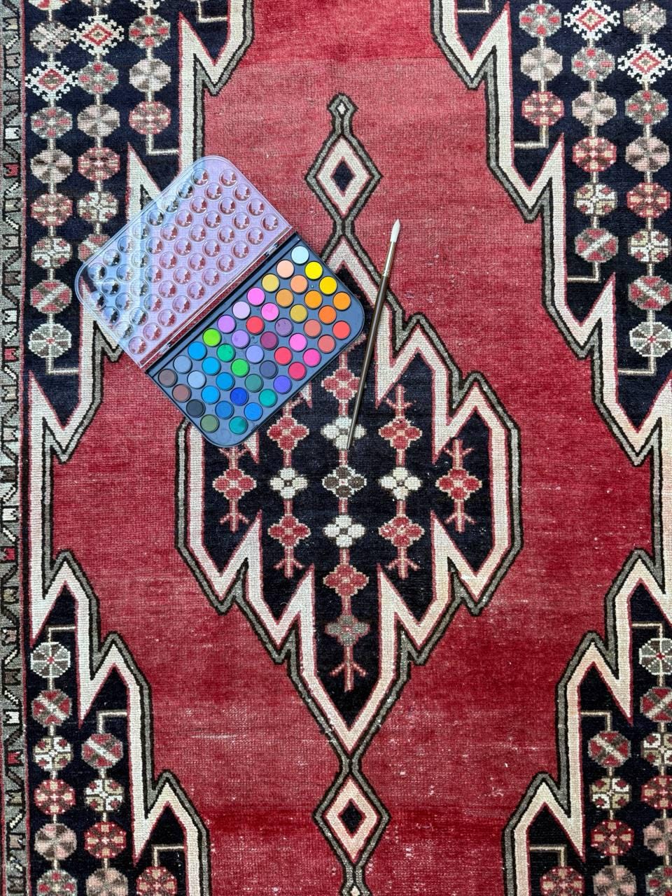 Vintage 1930s Turkish Wool Rug: 3×6 ft Farmhouse Geometric Hand-Knotted Carpet