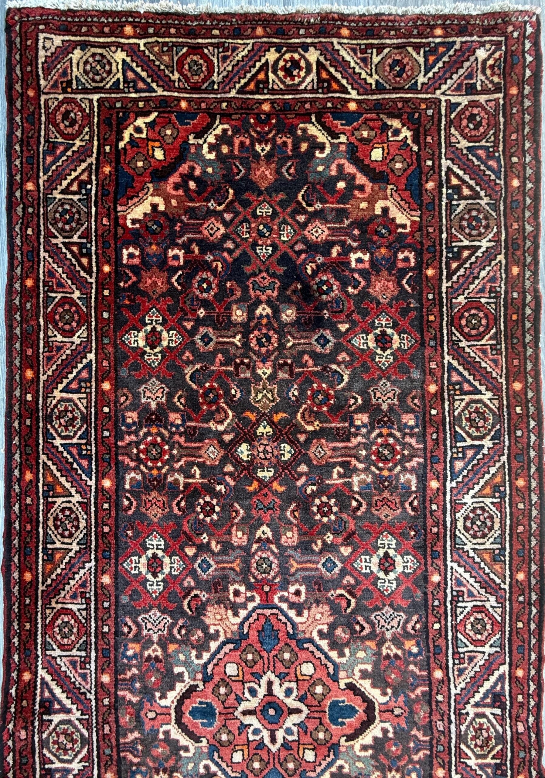 3.8×9.10 ft Vintage 1930s Anatolian Runner Rug: Hand Knotted Wool Village Carpet, Geometric Tribal Design