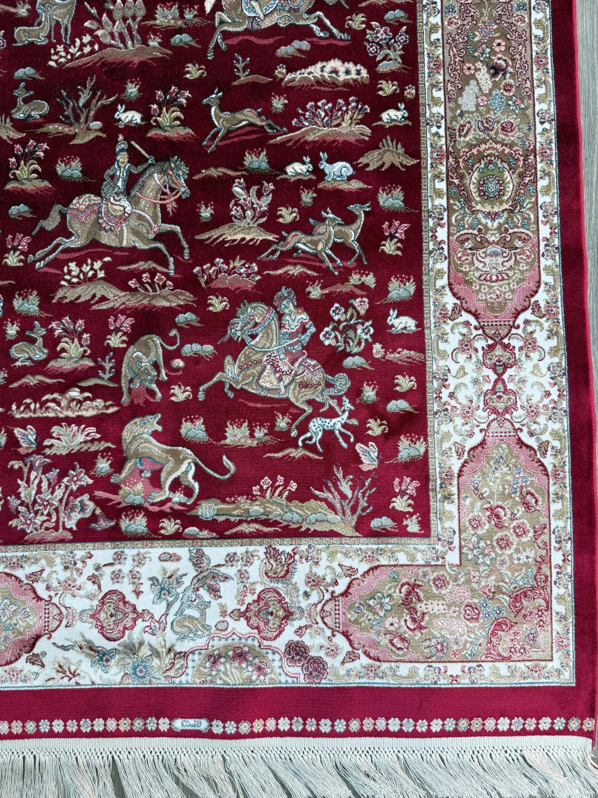 5×3 ft Signed Quomm Silk Rug: Hand Knotted Power Loomed Hunting Scene Carpet