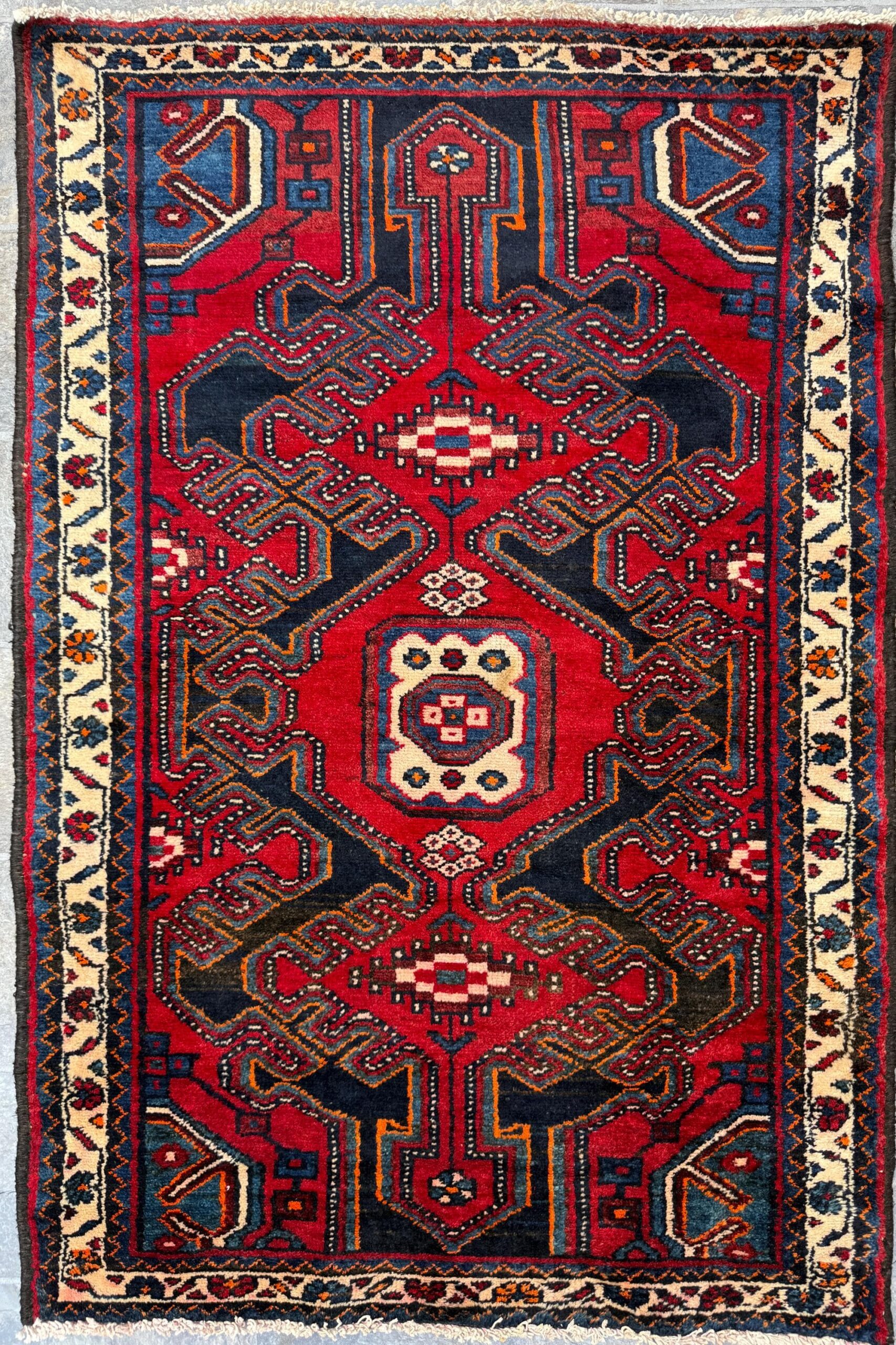 4×3 ft Vintage 1950s Hamadan/Qashqai Wool Rug: Hand Knotted Carpet, Geometric Accent