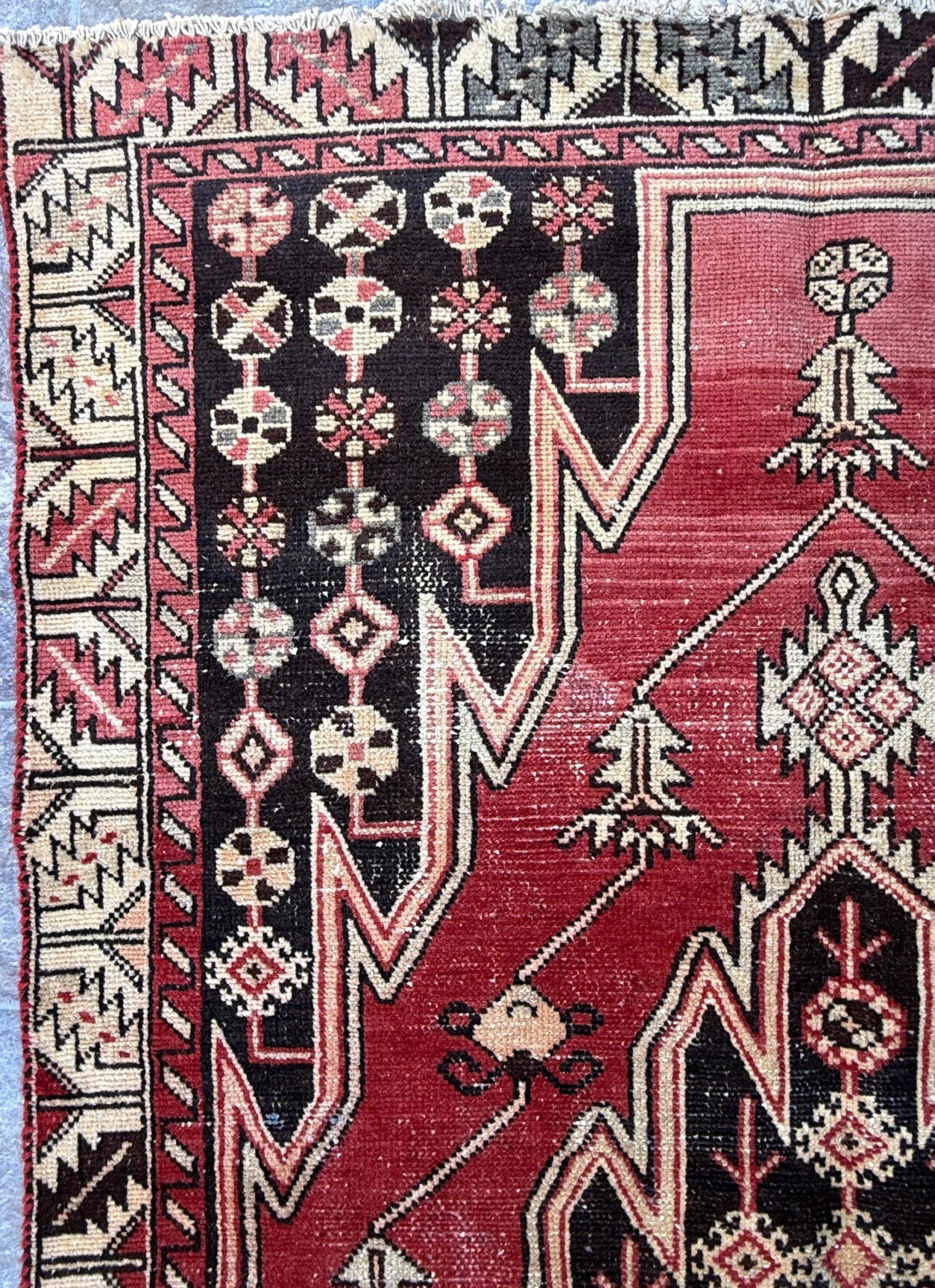 4×6.3 ft. Vintage Turkish Wool Rug: Hand Knotted Anatolian Geometric Carpet 1930s