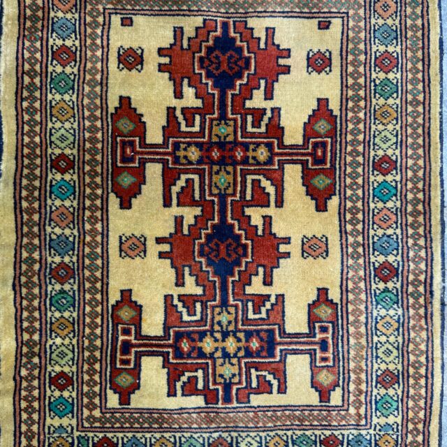 2×2 ft Vintage Rug Hand Knotted Wool Anatolian Accent, 1930s Geometric Design
