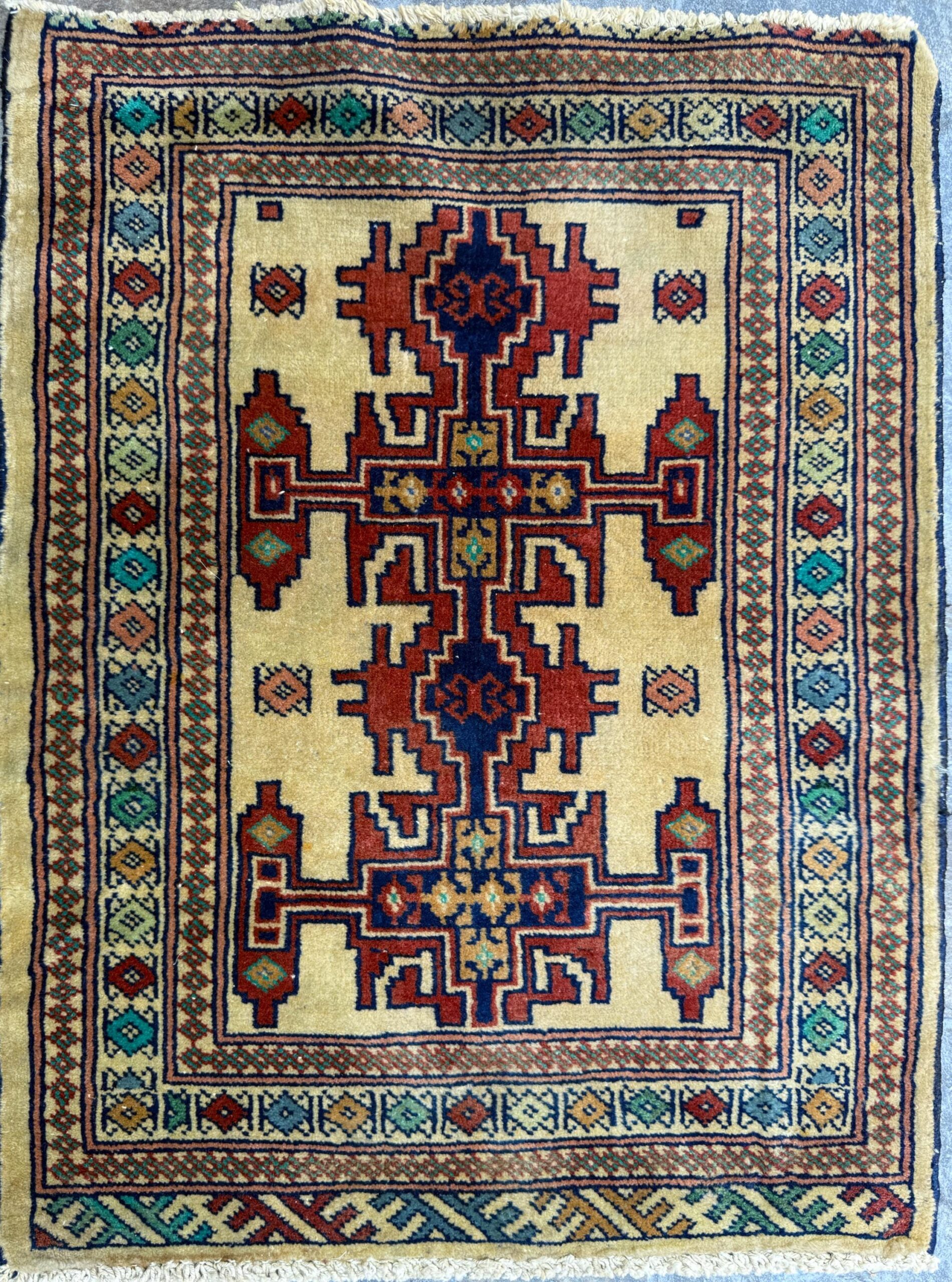 2×2 ft Vintage Rug Hand Knotted Wool Anatolian Accent, 1930s Geometric Design