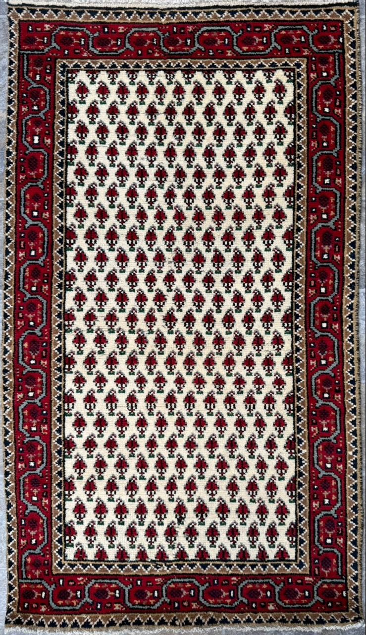 5.1×2.11 ft Badam Gul Mir Wool Rug: 1980s Vintage Hand Knotted Oriental Carpet, Small Geometric Tribal Area Rug
