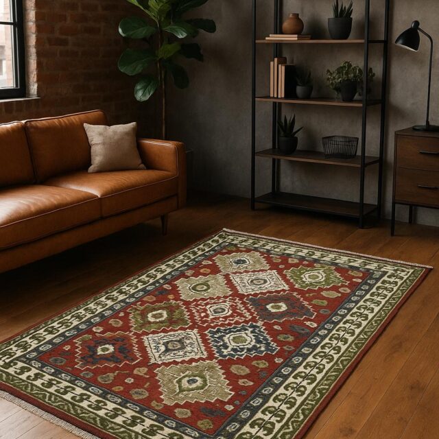 4×6 ft. Oushak Geometrical Rug: Village Made Wool Carpet Hand Knotted Bohemian Style