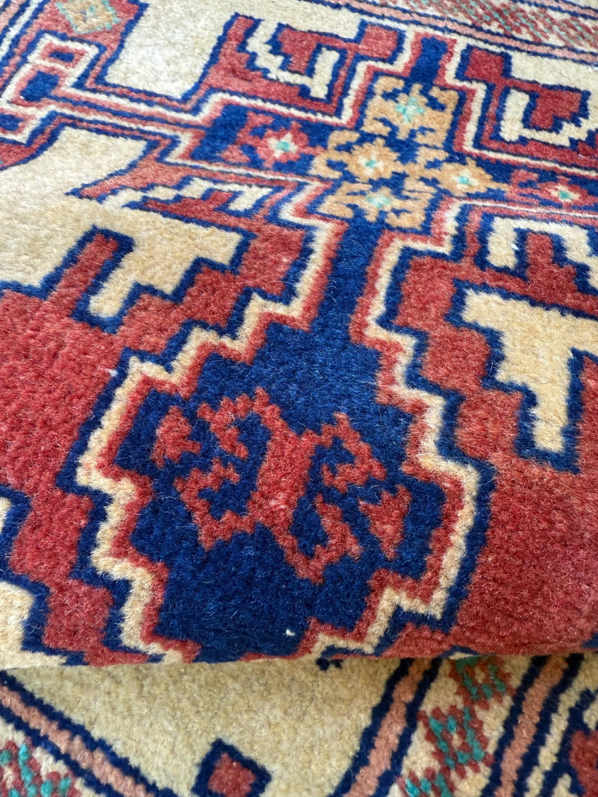 2×2 ft Vintage Rug Hand Knotted Wool Anatolian Accent, 1930s Geometric Design