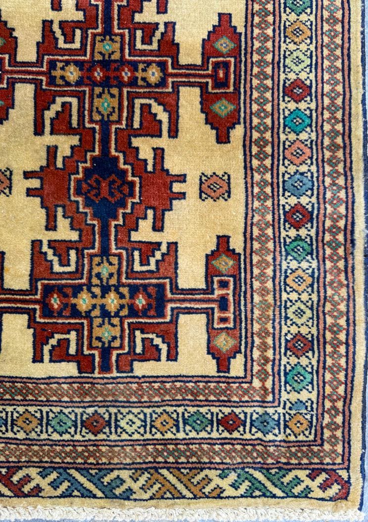 2×2 ft Vintage Rug Hand Knotted Wool Anatolian Accent, 1930s Geometric Design