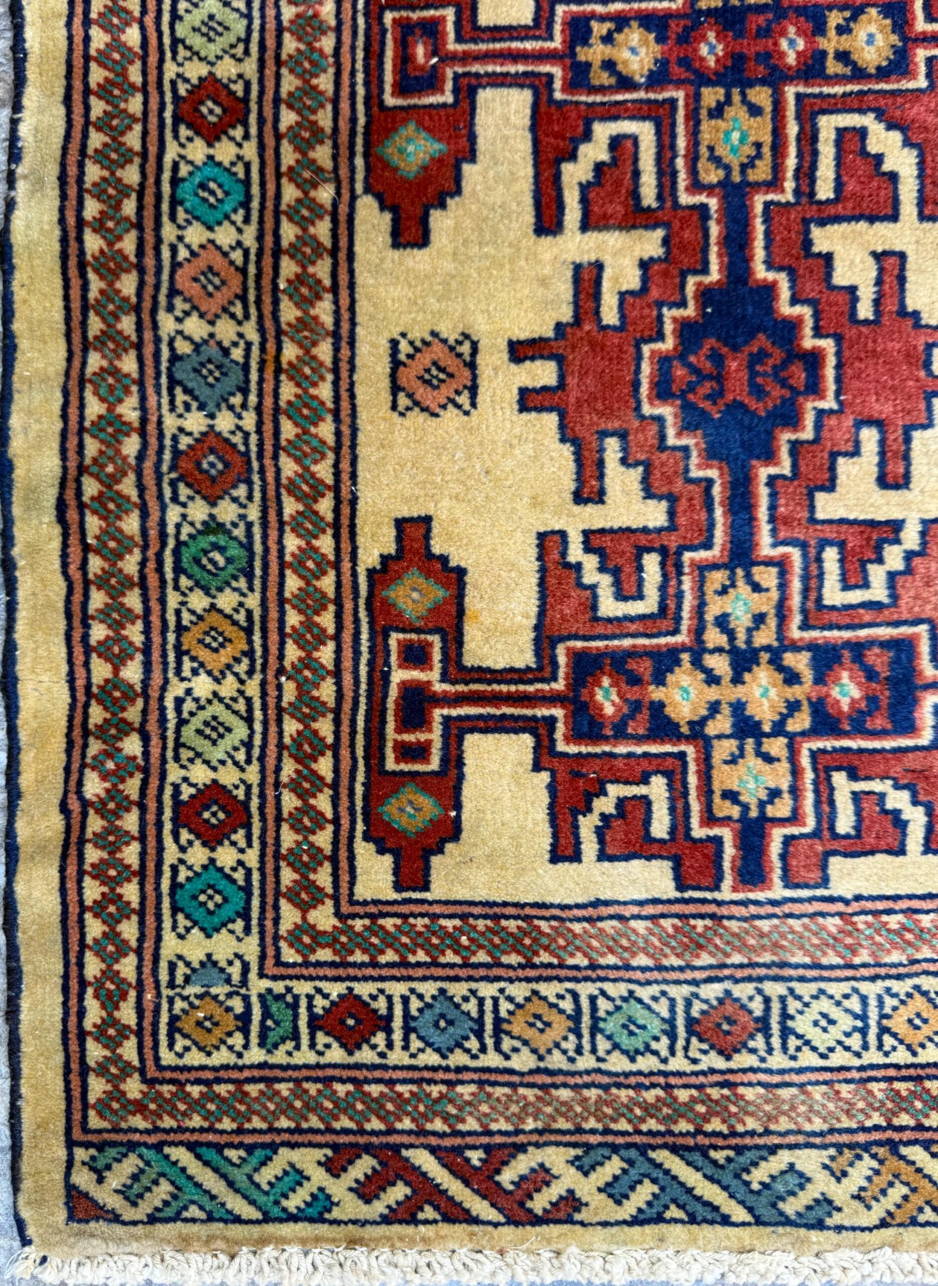 2×2 ft Vintage Rug Hand Knotted Wool Anatolian Accent, 1930s Geometric Design