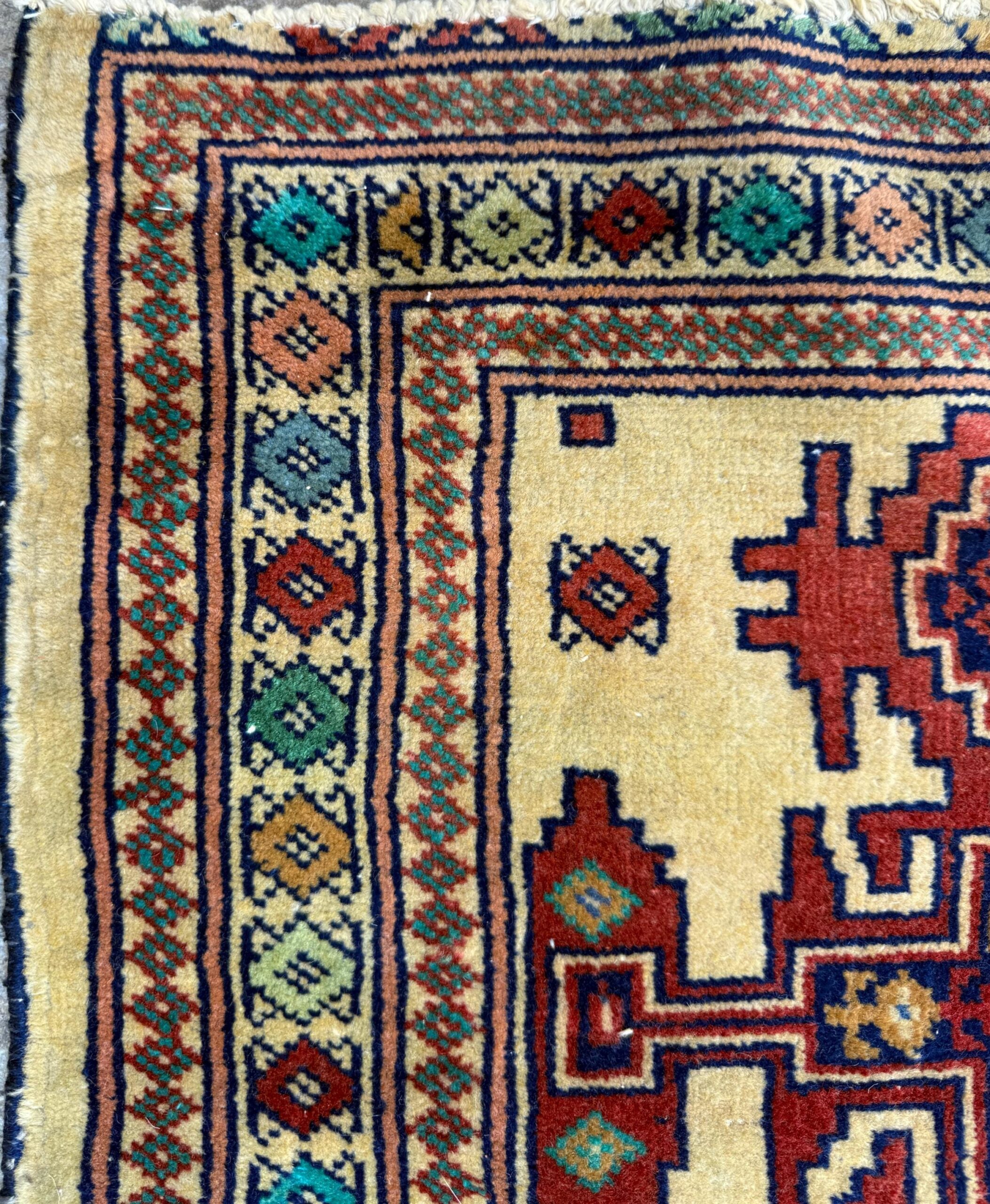 2×2 ft Vintage Rug Hand Knotted Wool Anatolian Accent, 1930s Geometric Design