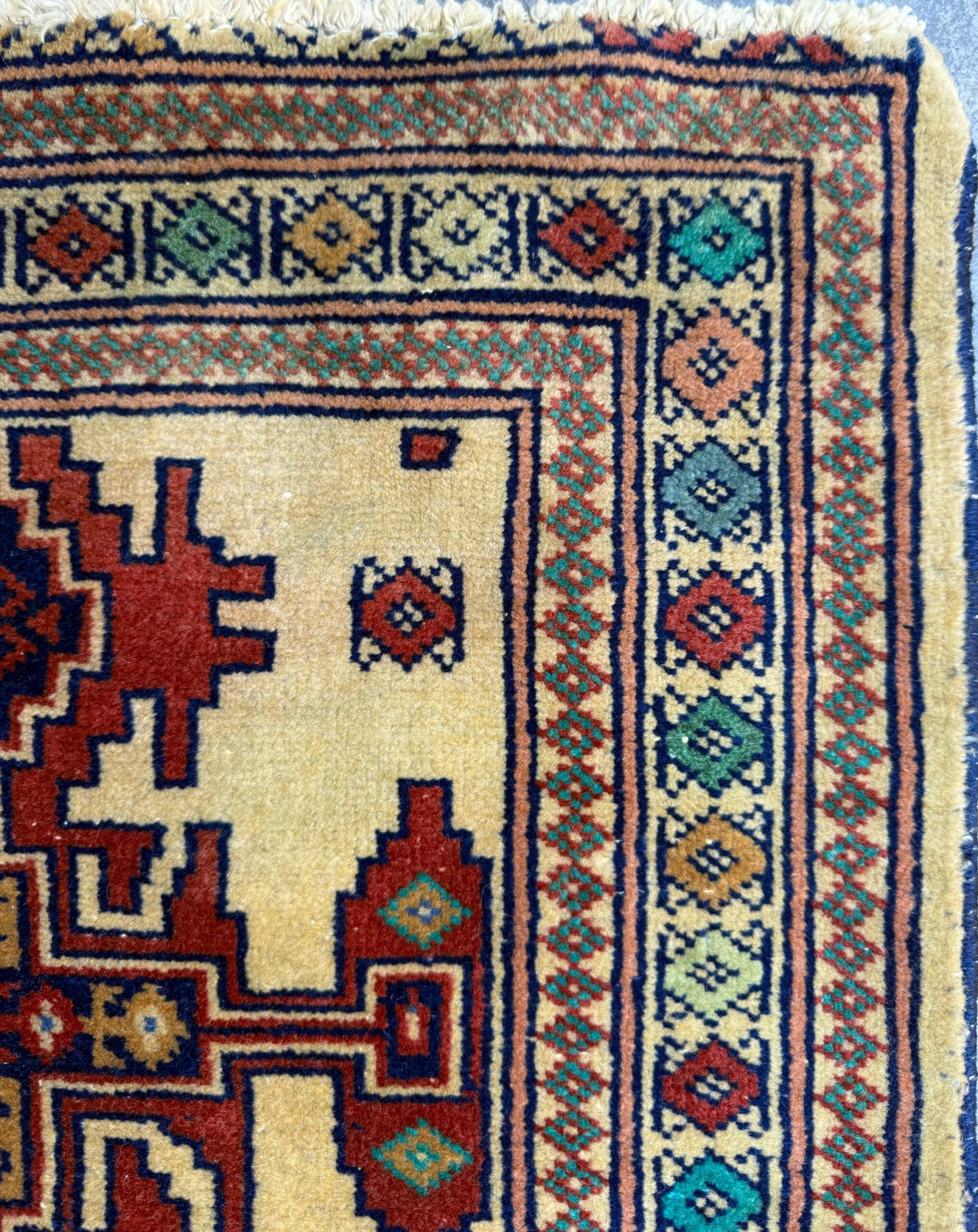 2×2 ft Vintage Rug Hand Knotted Wool Anatolian Accent, 1930s Geometric Design