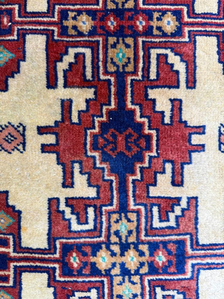 2×2 ft Vintage Rug Hand Knotted Wool Anatolian Accent, 1930s Geometric Design