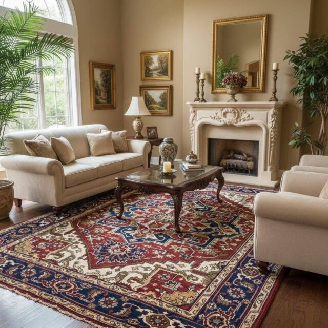 9×12 ft Heriz Serapi Rug: New Hand Knotted Wool Geometric Oriental Large Area Carpet