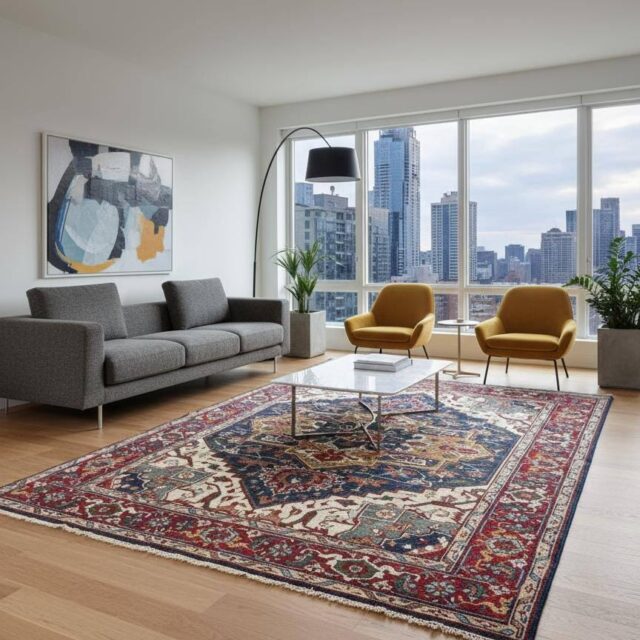 9×12 ft. Heriz Serapi Rug: Hand Knotted Wool Geometric Medallion Oriental Large Area Carpet