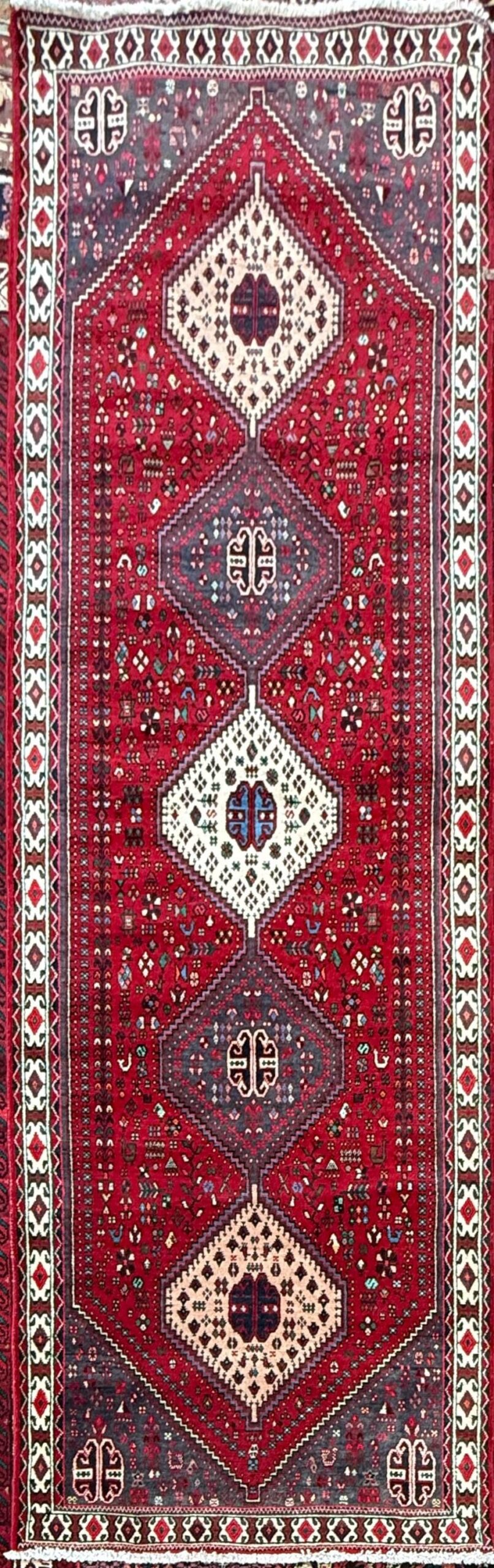 9×3 ft Vintage 1970s Mai Mai Runner Rug: Hand Knotted Wool Tribal Nomadic Desig Carpet