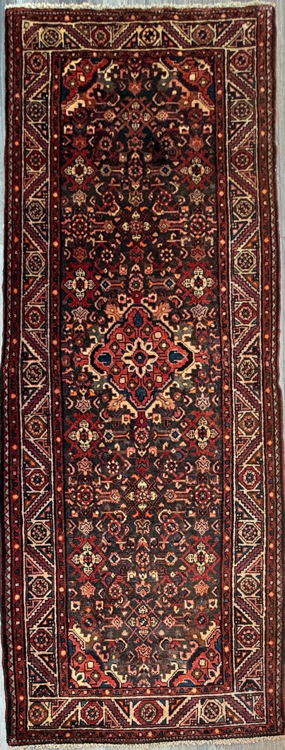 3.8×9.10 ft Vintage 1930s Anatolian Runner Rug: Hand Knotted Wool Village Carpet, Geometric Tribal Design