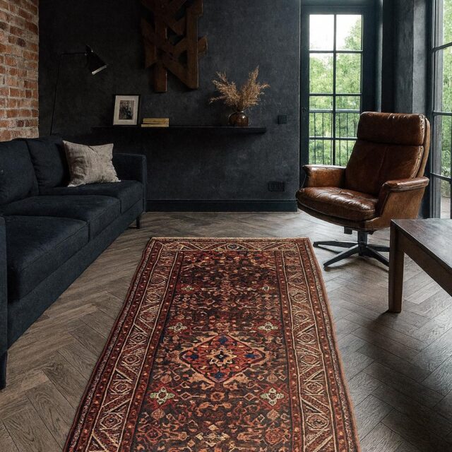 3.8×9.10 ft Vintage 1930s Anatolian Runner Rug: Hand Knotted Wool Village Carpet, Geometric Tribal Design